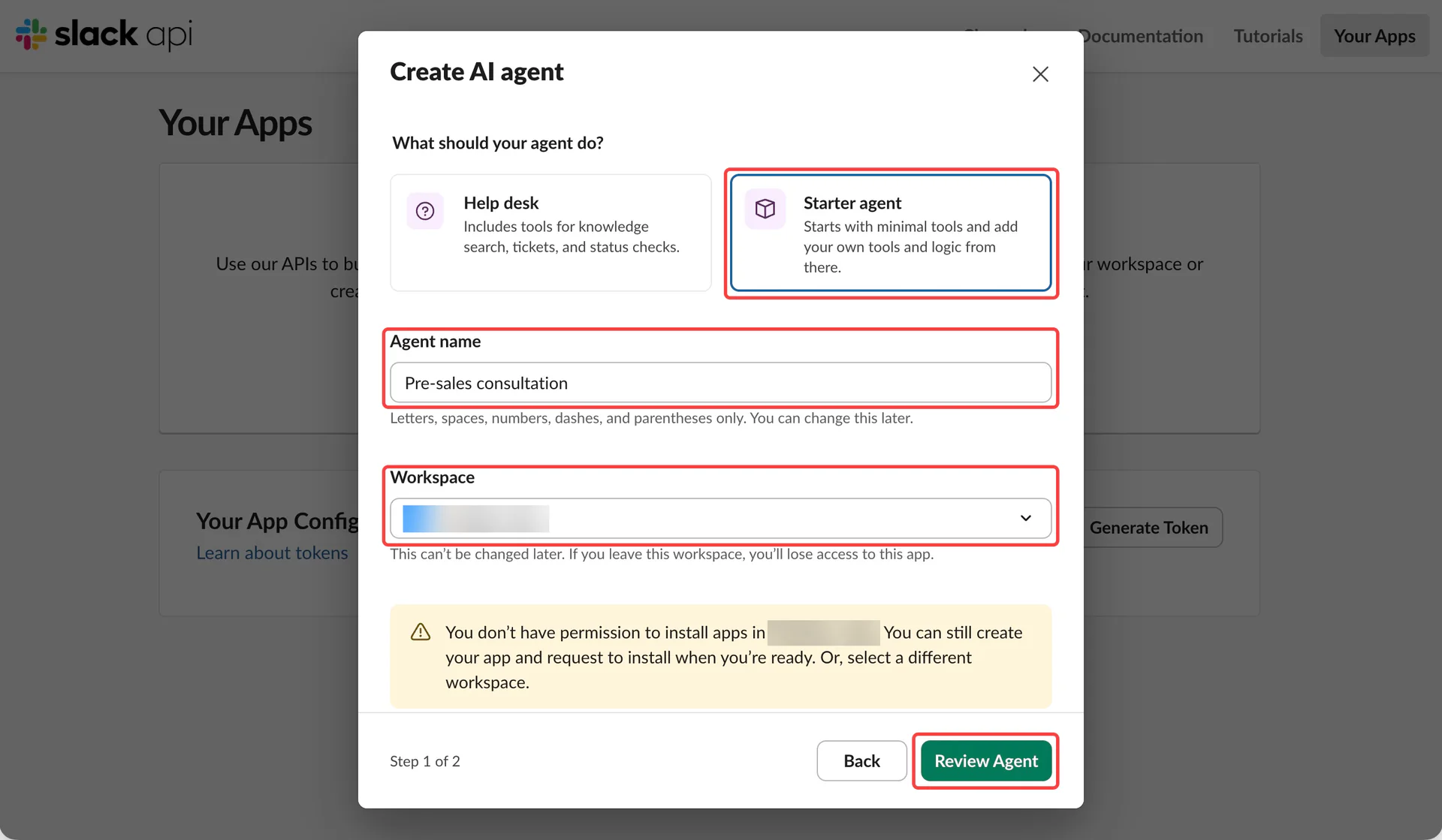 Starter agent, app name, workspace, and Review Agent controls
