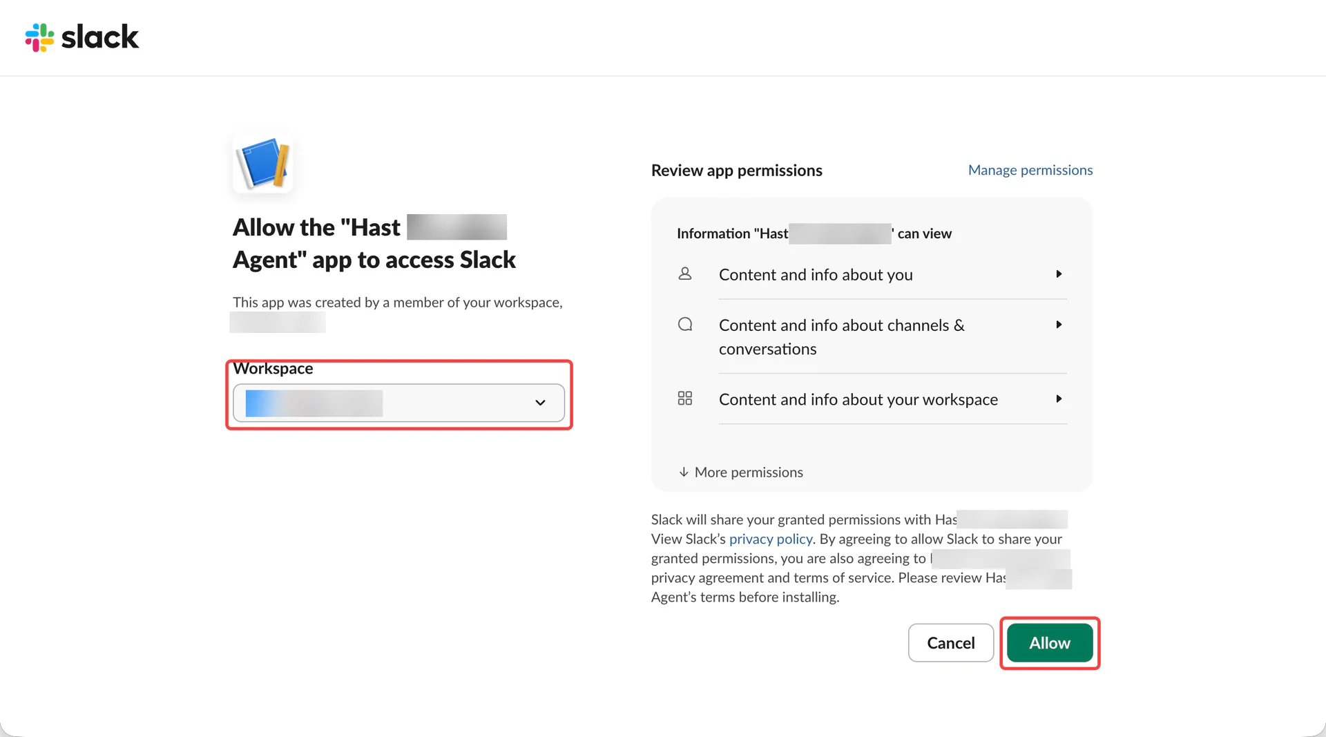 Allow on the Slack authorization page