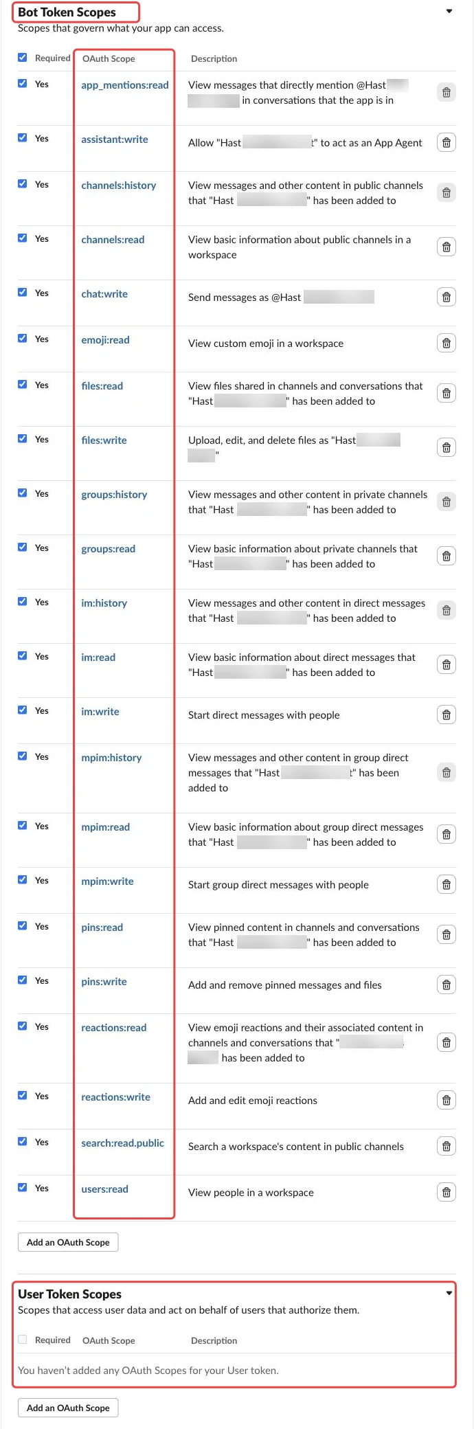 All 22 Bot Token Scopes and empty User Token Scopes, with verification areas outlined in red