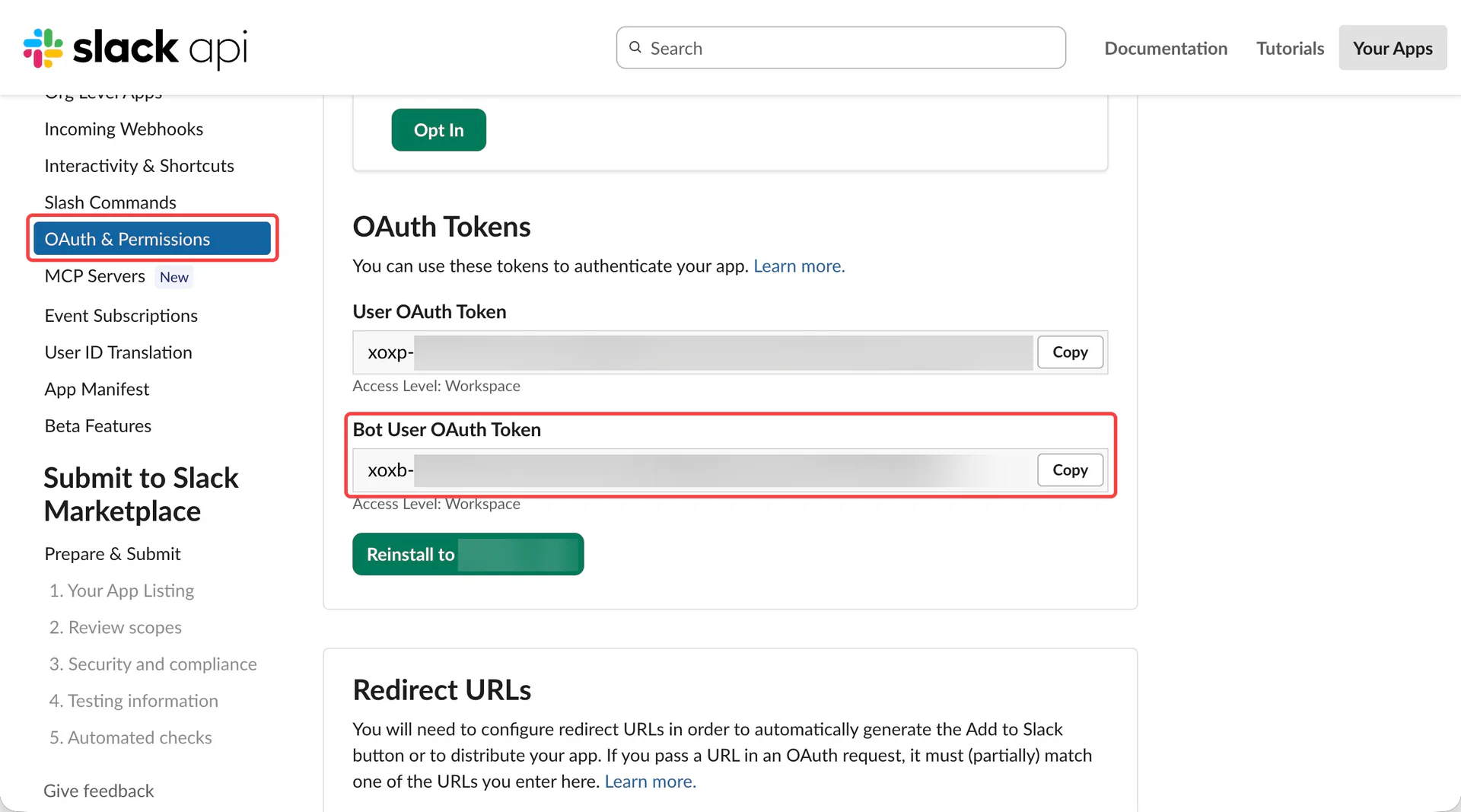 Bot User OAuth Token field with credentials blurred