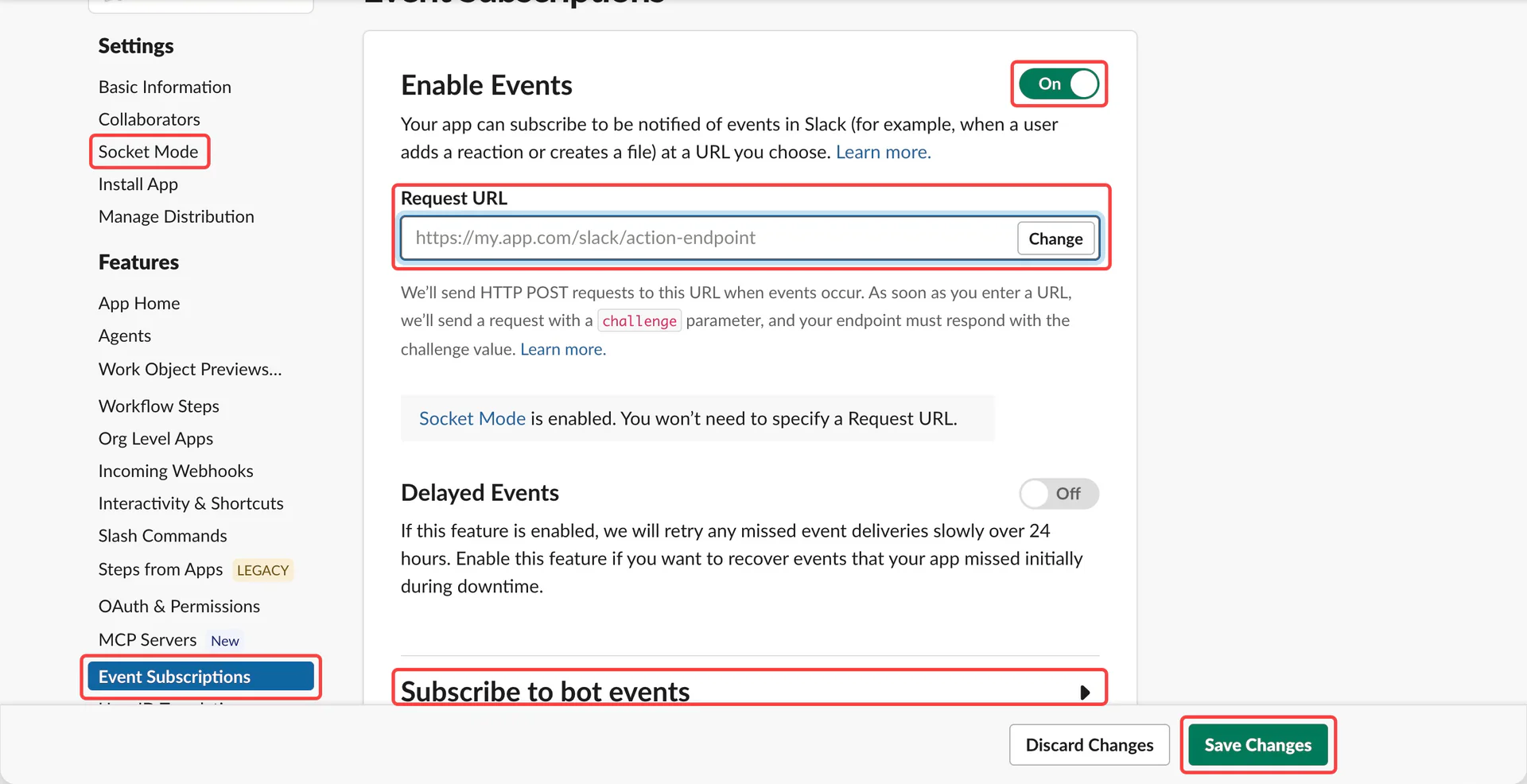 Request URL and bot event subscriptions