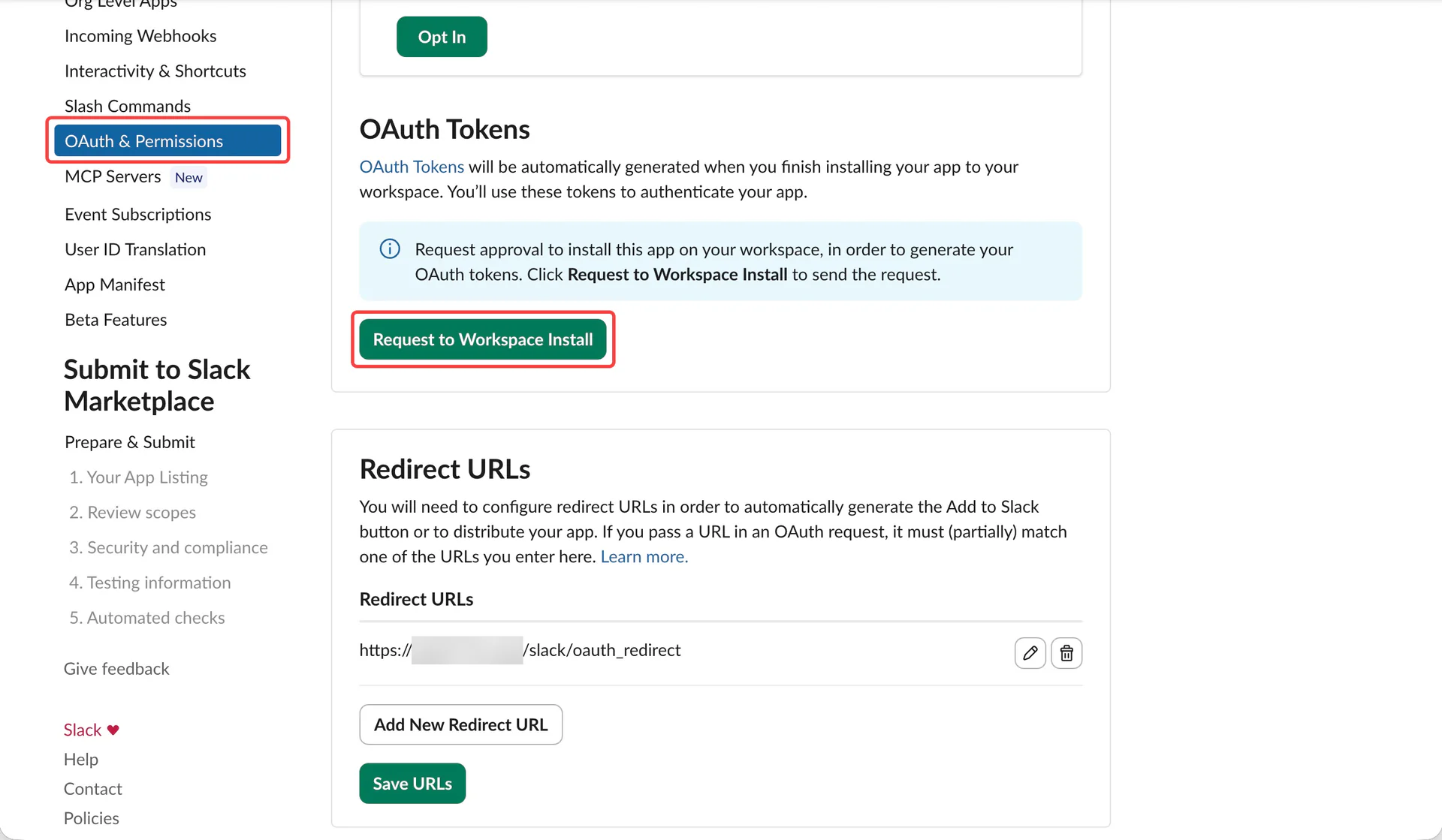 Installation request in OAuth & Permissions