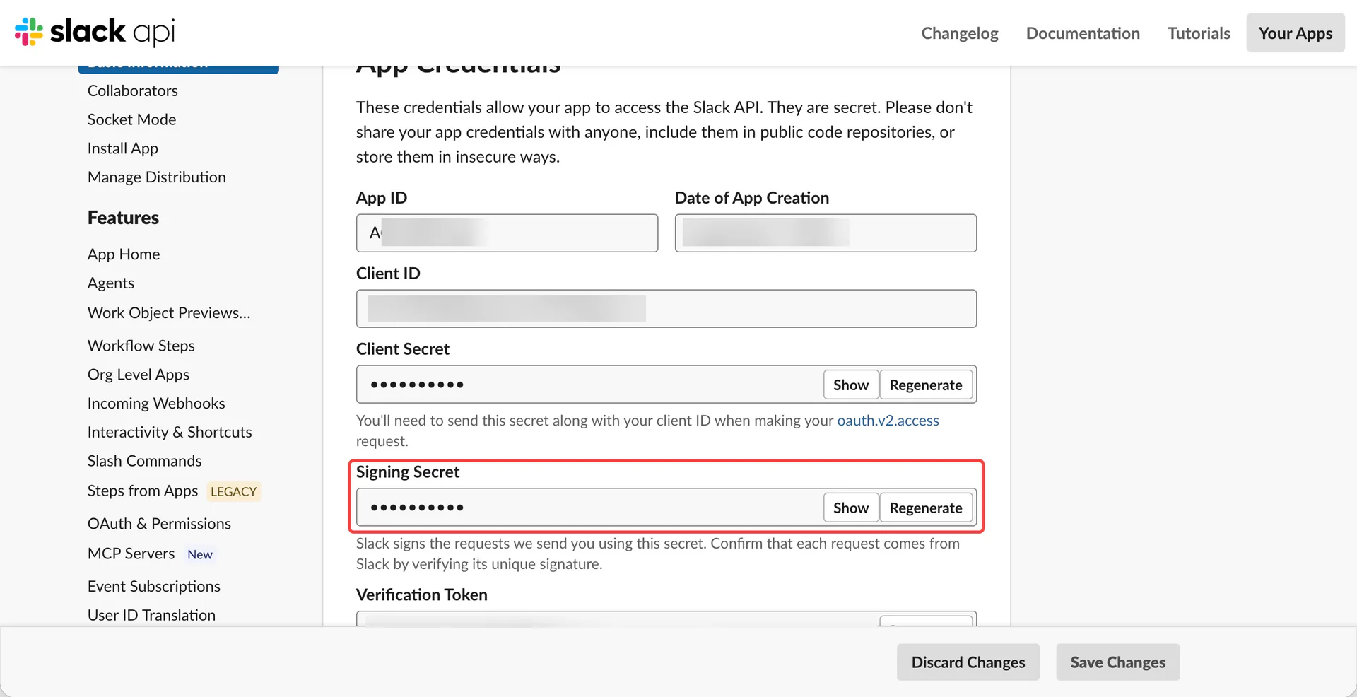 Signing Secret in Basic Information with app details blurred